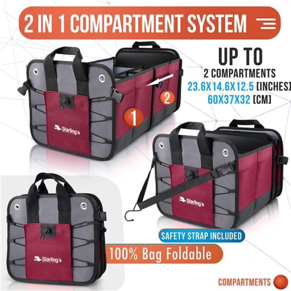 Car Trunk Organizer - Durable Storage SUV Cargo Organizer Adjustable, Bordeaux - Picture 3 of 6